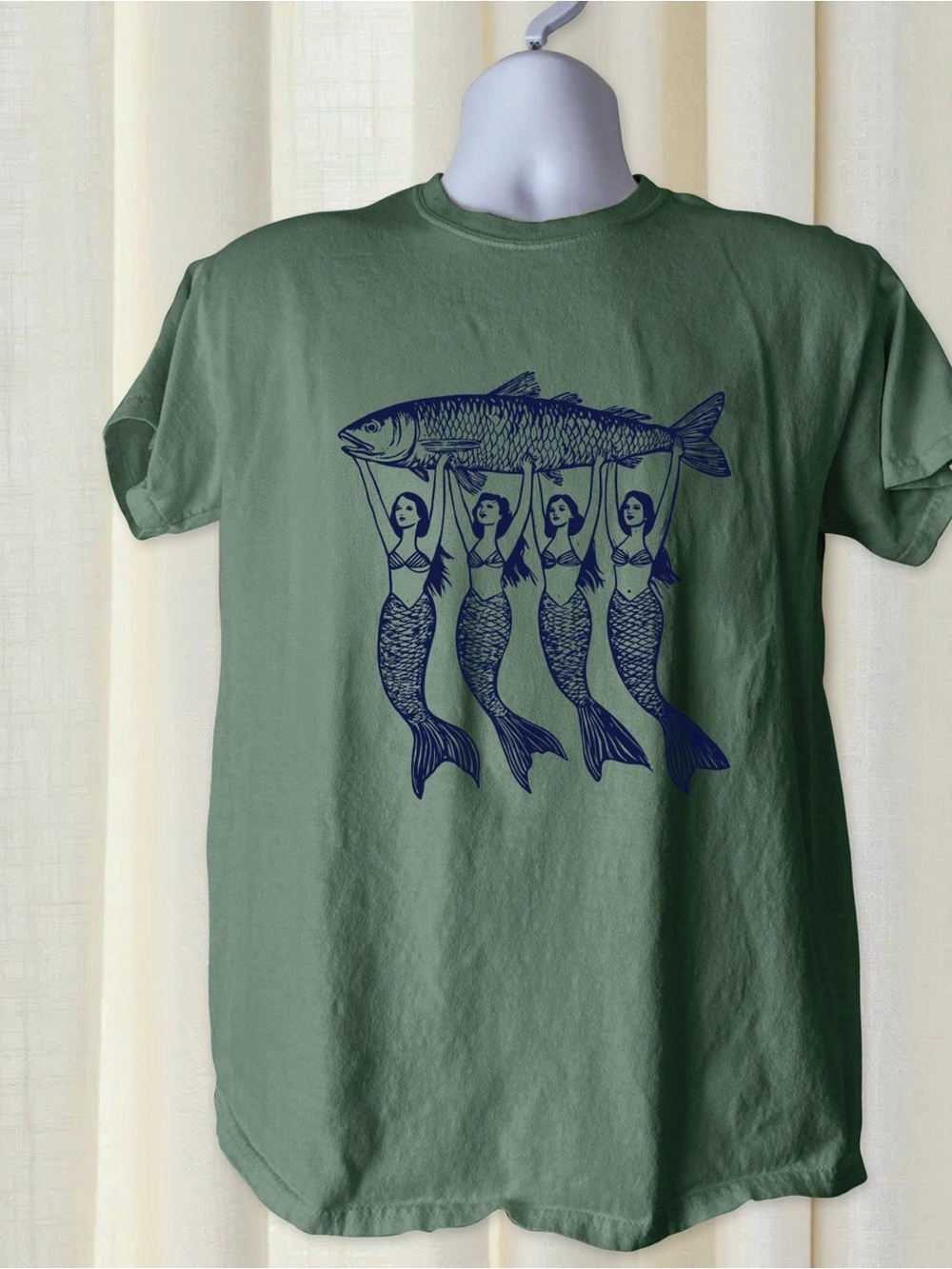 Gildan Olive Green Tee with Blue Mermaid & Fish Graphic
